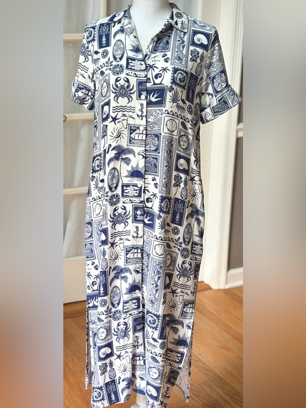 Jane + Delancey Coastal Postcard Shirt Dress Blue White Linen Blend Small